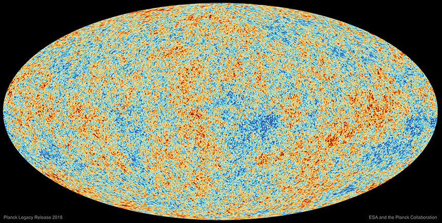 플랑크 우주 망원경이 새롭게 완성한 가장 정밀한 우주배경복사의 모습. 사진 속 빨간색과 파란색으로 표현된 색깔의 차이가 미세한 온도·밀도의 차이를 의미한다. 이미지=European Space Agency·Planck Collaboration