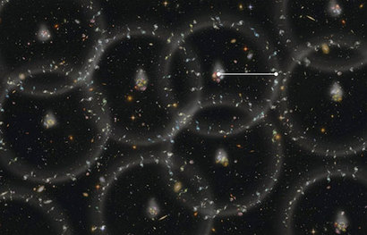 은하들의 공간적 분포를 보면 흥미롭게도 마냥 무작위로 분포하지 않는다. 각 은하단에서 서서히 거리가 멀어지면서 발견되는 은하들의 수가 감소하다가 중간에 150Mpc 정도의 거리 간격을 두고 있는 지점에서 갑자기 발견되는 은하들의 수가 증가하는 분포를 보인다. 이미지=BOSS