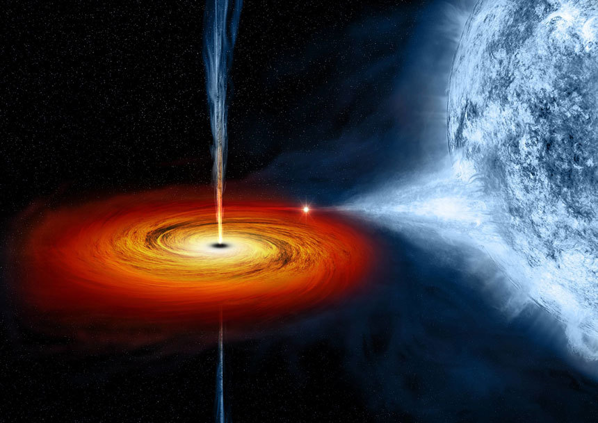 동반성에서 물질을 뺏어오며 폭식을 즐기고 있는 블랙홀의 모습. 이처럼 가까운 거리에 동반성을 두고 있는 접촉 쌍성인 경우에 블랙홀이 자신의 존재를 뚜렷하게 티낼 수 있다. 이미지=NASA/CXC/M.Weiss