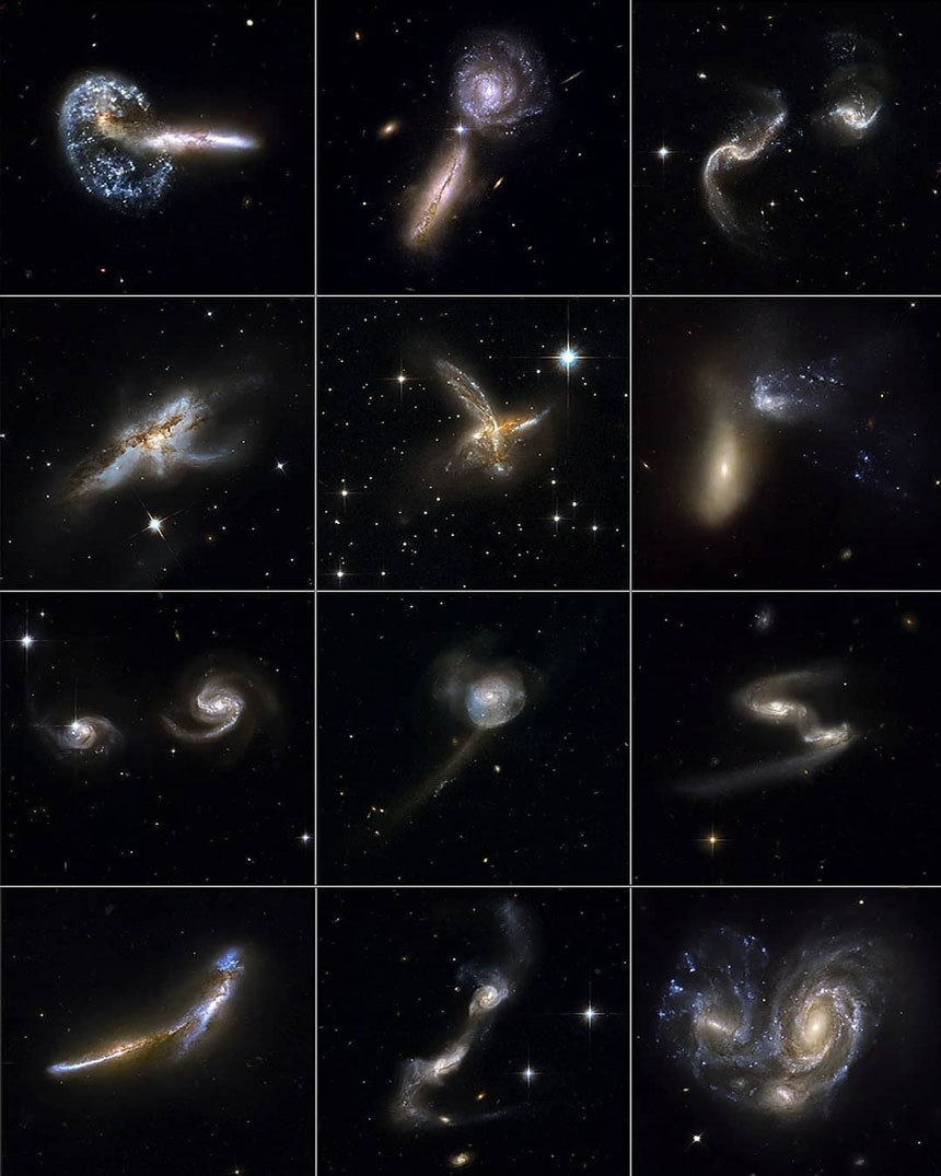 다양한 포즈로 충돌하는 은하들의 모습. 이미지=NASA; ESA; J. Lotz, STScI; M. Davis, University of California, Berkeley; and A. Koekemoer, STScI