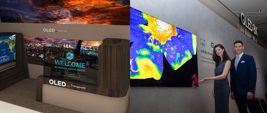 올해 CES 2020에서 선보인 LG디스플레이의 OLED(왼쪽)과 삼성전자의 QLED 8K TV. 사진=각 사