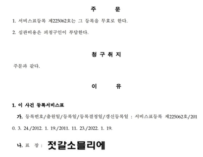 젓갈 소믈리에 무효 심결문 일부.자료=특허심판원