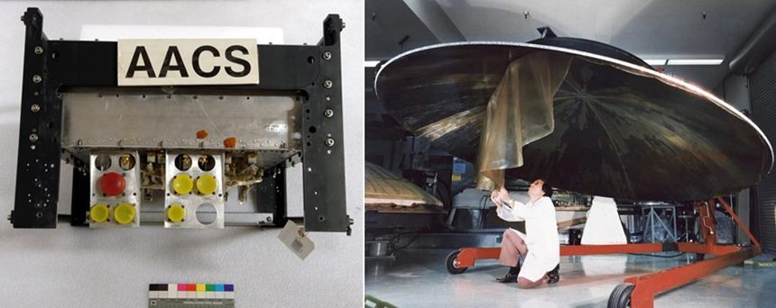 보이저호의 자세 제어 장치, AACS(왼쪽)와 거대한 안테나. 사진=Smithsonian Institution/NASA