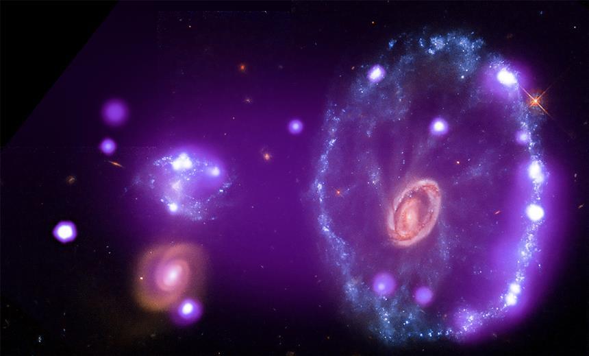 찬드라 우주 망원경을 통해 엑스선으로 관측한 수레바퀴 은하. 아주 강한 에너지를 내뿜고 있는 엑스선 광원들을 볼 수 있다. 사진=X-ray: NASA/CXC; Optical: NASA/STScI