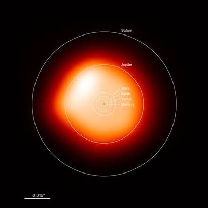 ALMA로 관측한 베텔게우스 표면과 대기권. 사진 왼쪽 위 부분에 주변보다 더 밝고 뜨겁게 빛나는 흰 반점 영역을 확인할 수 있다. 사진=ALMA(ESO/NAOJ/NRAO)/E. O’Gorman/P. Kervella