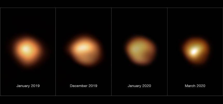 2019년 겨울에서 봄 사이 갑자기 별 표면이 어두워졌던 베텔게우스 표면의 변화 과정. 사진=ESO/M. Montargès et al.