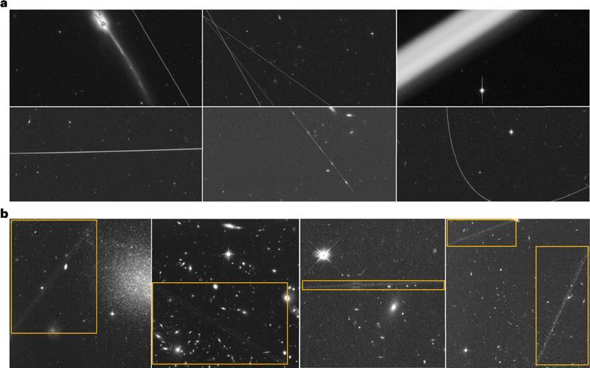 허블 우주망원경의 사진에서 확인된 스타링크를 비롯한 여러 위성의 궤적. 오른쪽 위를 보면 허블 망원경 바로 위를 지나간 위성의 궤적이 아주 두껍고 밝게 찍힌 것을 볼 수 있다.