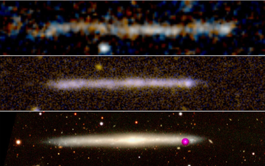 은하 밖으로 쫓겨난 블랙홀이 아니라 단순히 중심이 뚜렷하지 않은 얇은 은하를 옆에서 본 것일 수도 있다. 사진은 얇은 원반 은하 IC 5249(아래)와 이번에 발견된 기다란 형체의 모습을 비교한 것이다. 사진=ESA/Hubble
